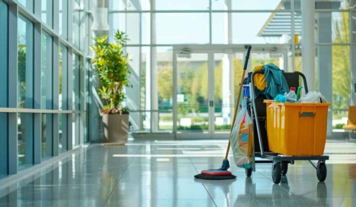 Commercial janitorial cart in a lobby