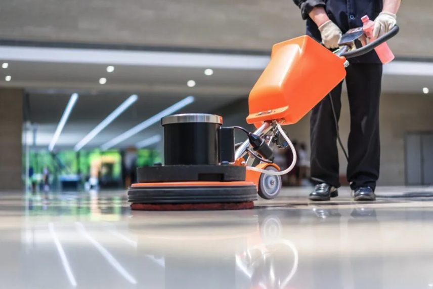 Floor buffing machine on a polished floor
