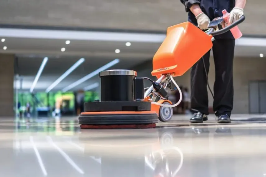 Floor buffing machine on a polished floor